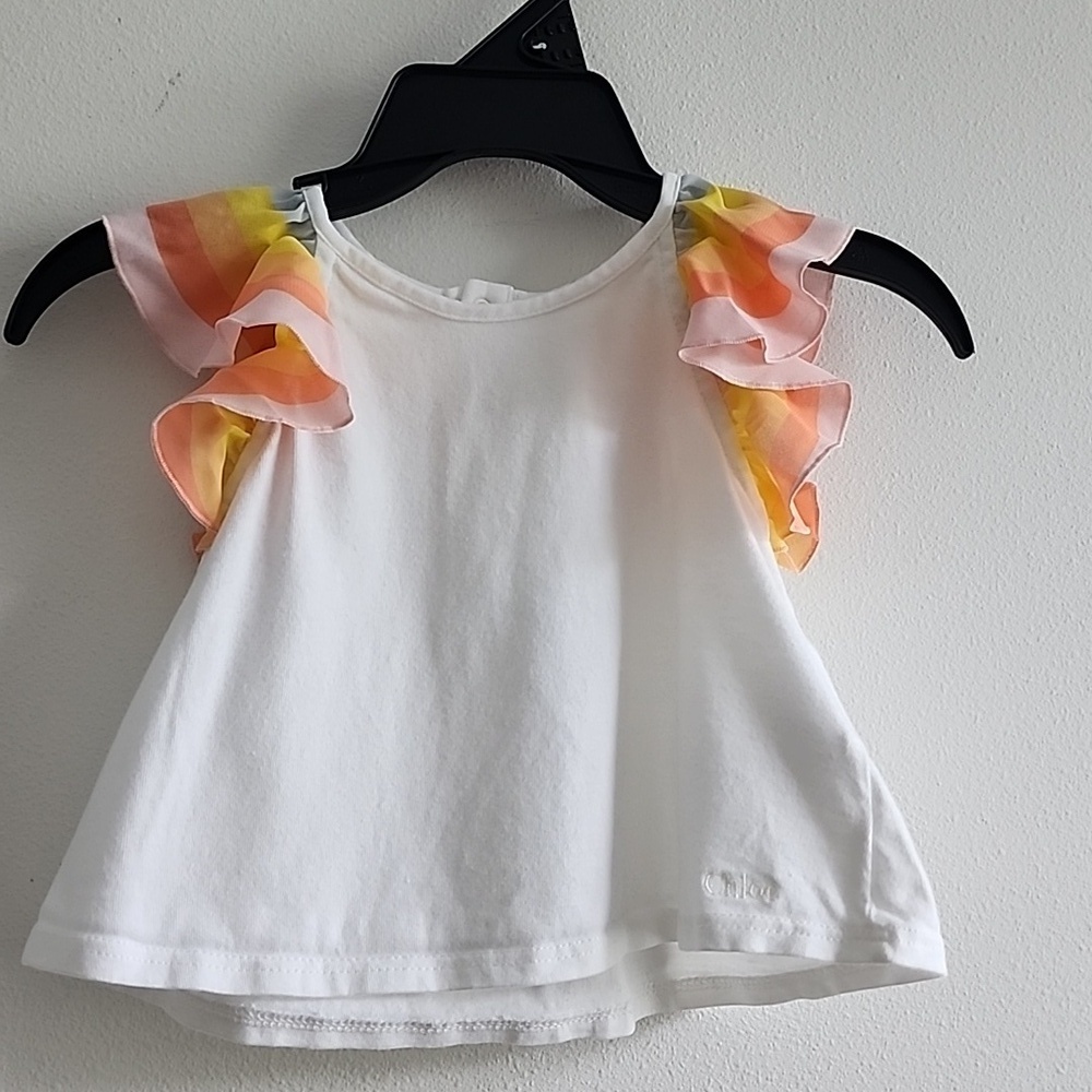 Chloé Paris Baby Girl's Designer White T-Shirt with Vibrant Ruffle Sleeves Sz 6M - Picture 2 of 14